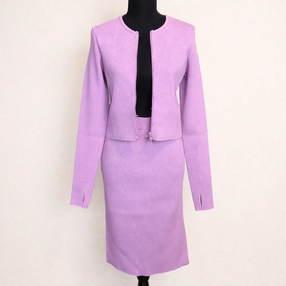GSTQ Lilac Ribbed Knit Skirt Set Quiet Luxury NWT M/L